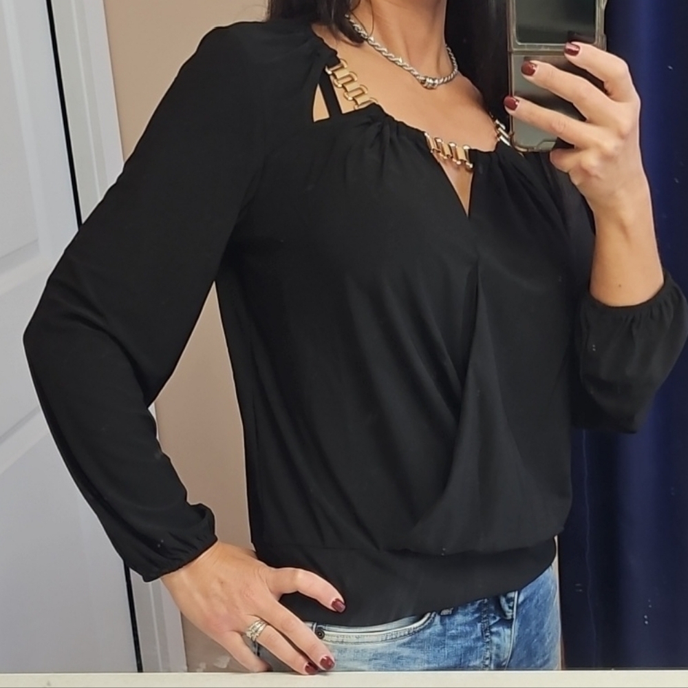 Black Long Sleeve Top with Gold Accents